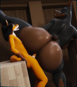 anthro big_breasts big_butt big_female black_body black_fur black_hair blue_eyes breasts brown_body brown_fur butt duo eyewear female fur genitals glasses hair huge_breasts huge_butt male nub_tail nude orange_body orange_fur penetration penis size_difference smaller_male xlkev narci_(moreuselesssource) shia_(xlkev) canid canine canis dobermann domestic_dog fox mammal pinscher 3d_(artwork) 3d_animation animated digital_media_(artwork) no_sound short_playtime webm