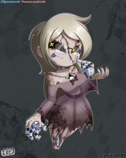 blonde_hair blood bodily_fluids breasts clothed clothing dress female hair looking_at_viewer machine not_furry scar simple_background smile solo tongue tongue_out yellow_eyes jackintaro glitch_productions murder_drones fan_character android humanoid robot robot_humanoid undead worker_drone zombie absurd_res digital_media_(artwork) hi_res
