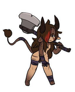 5_fingers 5_toes arm_wraps axe breasts brown_hair convenient_censorship feet female fingers hair hair_over_eye holding_object holding_weapon horn leg_wraps looking_at_viewer melee_weapon mostly_nude one_eye_obstructed red_eyes simple_background small_breasts solo tail tail_wraps toes weapon white_background wraps stylusknight cicely demon humanoid mammal full-length_portrait portrait