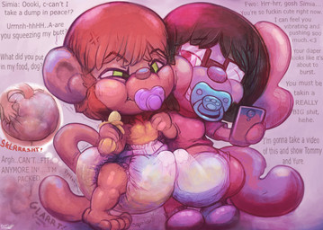 anthro aroused banana butt butt_grab clothing diaper duo eyewear feces food fruit genitals glasses hand_on_butt male male/male orgasm pacifier penis plant profanity smelly soiled_diaper soiling text unclean_diaper used_diaper wince young young_anthro overflo207 flo_(overflo207) canid canine canis domestic_dog haplorhine mammal monkey primate absurd_res english_text hi_res