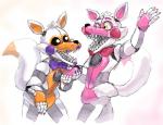 ambiguous_gender anthro black_sclera bow_(feature) bow_tie dipstick_tail duet duo eye_contact fur hand_holding looking_at_another machine markings multicolored_tail sharp_teeth singing tail tail_markings teeth white_body white_eyes white_fur yellow_eyes planteon five_nights_at_freddy's five_nights_at_freddy's_world scottgames sister_location funtime_foxy_(fnaf) lolbit_(fnaf) animatronic canid canine fox mammal robot