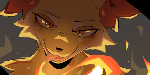 anthro bodily_fluids close-up elemental_manipulation eyelashes fangs female fire fire_manipulation front_view fur grey_background half-closed_eyes inner_ear_fluff lidded_eyes light looking_at_viewer low_light narrowed_eyes open_mouth open_smile orange_eyes pupils saliva saliva_on_tongue simple_background slit_pupils smile solo teeth tongue tongue_out tuft yellow_body yellow_fur valkenite nintendo pokemon canid canine delphox generation_6_pokemon mammal pokemon_(species) 2026 digital_drawing_(artwork) digital_media_(artwork) headshot_portrait hi_res lighting portrait