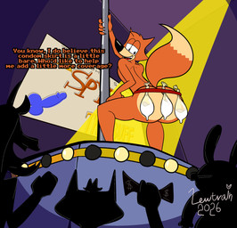 anthro big_butt bodily_fluids butt claws clothing condom condom_belt convenient_censorship crowd cum dancing dipstick_tail filled_condom fur genital_fluids group low-angle_view male markings money orange_body orange_fur penis_drawing pole pole_dancing presenting raised_tail rear_view sexual_barrier_device smile solo spotlight stage tail tail_markings undressing lewtrain humongous_entertainment spy_fox_(series) spy_fox canid canine fox mammal 2026 absurd_res aliasing binary_drawing digital_drawing_(artwork) digital_media_(artwork) hi_res