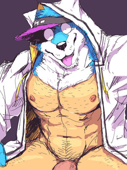 black_nose blue_body blue_fur clothed clothing fur genitals hat headgear headwear jacket looking_at_viewer male muscular muscular_male navel nipples partially_clothed penis pink_nipples pink_tongue simple_background solo split_form tongue tongue_out topwear white_body white_clothing white_fur monapic_chang subaru_(monapic_chang) animal_humanoid canid canine canis domestic_dog humanoid mammal 2020 3:4 digital_drawing_(artwork) digital_media_(artwork) hi_res