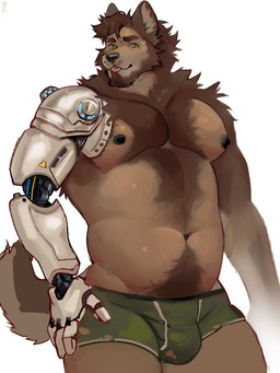 anthro beard blep body_hair boxer_briefs boxer_briefs_only bulge chest_hair clothed clothing facial_hair green_clothing green_underwear hair hand_on_hip happy_trail male mechanical_arm nipples pecs pose prosthetic prosthetic_arm prosthetic_limb solo standing tongue tongue_out topless torn_clothing torn_underwear underwear underwear_only white_hair thesmilingbox roads_yet_traveled rhoun_(roads_yet_traveled) canid canine canis domestic_dog mammal hi_res pinup portrait three-quarter_portrait