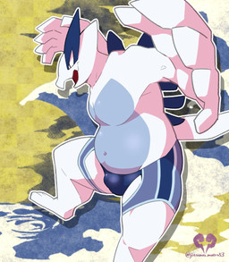 anthro bulge clothing detailed_bulge feet male navel pattern_background side_view simple_background slightly_chubby slightly_chubby_male solo spread_wings swimming_trunks swimwear tail wings moesouna_gomi nintendo pokemon generation_2_pokemon legendary_pokemon lugia pokemon_(species) hi_res
