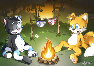 2_tails 5_fingers anthro balls black_body black_fur black_nose blue_body blue_eyes blue_fur briefs campfire cheek_tuft chest_tuft clothing colored_seam_briefs colored_seam_underwear duo eyebrows eyes_closed eyewear facial_tuft fangs fingers fire flaccid flower foreskin fur genitals glasses hanging_clothing hanging_underwear humanoid_genitalia humanoid_penis inner_ear_fluff male male/male multi_tail multicolored_body multicolored_fur navel nude orange_body orange_fur pawpads penis pink_nose plant sunset tail tan_body tan_fur teeth tighty_whities tree tuft underwear unretracted_foreskin wet wet_briefs wet_clothing wet_underwear white_body white_briefs white_clothing white_fur white_underwear young alystaircat sega sonic_the_hedgehog_(series) miles_prower zander_oro canid canine domestic_cat felid feline felis fox mammal absurd_res hi_res signature