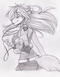 anthro clothing electronics eyes_closed female portable_music_player shirt solo tank_top tattoo topwear wolflady apple_inc. ipod roxy_bradingham canid canine canis mammal wolf digital_media_(artwork) greyscale monochrome