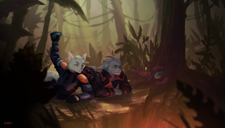 anthro armor duo explosives forest fur grass grenade hair jungle magic male plant tail telekinesis thigh_gap throwing tree weapon white_body white_fur kirkir canid canine canis mammal wolf 2020 digital_drawing_(artwork) digital_media_(artwork) hi_res signature
