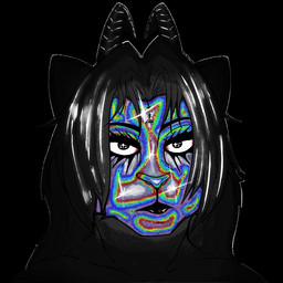 anthro female glistening glistening_eyes holographic horn iridescent lips lipstick looking_at_viewer makeup simple_background solo ryuzka domestic_cat felid feline felis mammal siamese_cat 1:1