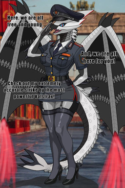 accessory anthro breasts clothing female garter gesture salute scales solo sparkles text uniform wonderin_dragon mythology dragon mythological_creature mythological_scalie scalie 2:3 hi_res