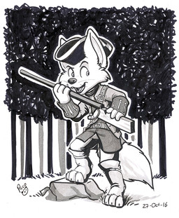anthro clothed clothing front_view grass hat headgear headwear holding_object holding_toy holding_toy_gun logo looking_aside male open_mouth open_smile outside plant rock smile solo standing tail toy toy_gun tree whiskers young young_anthro young_male pandapaco canid canine mammal 2016 artist_logo dated monochrome signature