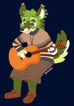 4_fingers acoustic_guitar anthro bottomwear brown_bottomwear brown_clothing brown_eyes brown_footwear brown_shirt brown_shoes brown_shorts brown_topwear cheek_tuft clothed clothing ear_piercing eyebrows facial_tuft fingers fluffy fluffy_ears fluffy_tail footwear fur green_body green_eyebrows green_fur green_hair green_nose guitar guitarist hair half-closed_eyes inner_ear_fluff jewelry long_hair long_sleeve_shirt male markings multicolored_body multicolored_fur musical_instrument narrowed_eyes necklace open_mouth pattern_clothing pattern_shirt pattern_topwear piercing pink_tongue playing_guitar playing_music plucked_string_instrument shirt shoelaces shoes shorts simple_background sitting smile solo spots spotted_markings string_instrument striped_clothing striped_shirt striped_topwear stripes tail tongue topwear tuft white_body white_fur greengrizz grove_(gnirewolf) hyena mammal artist_name colored digital_drawing_(artwork) digital_media_(artwork) flat_colors hi_res