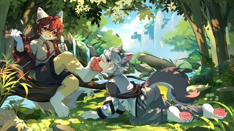 4_toes anthro clothed clothing duo feet foot_fetish foot_lick foot_play leash leash_pull licking male male/male pawpads toes tongue aqianr 16:9 4k absurd_res hi_res widescreen