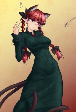 2_tails 4_ears accessory bow_ribbon braided_hair breasts clothing colored_nails dress exclamation_point female fingernails green_clothing green_dress hair hair_accessory hair_bow hair_ribbon humanoid_pointy_ears inner_ear_fluff multi_ear multi_tail nails pigtails pointy_and_animal_ears pointy_ears red_eyes red_fingernails red_hair red_nails ribbons sharp_fingernails sharp_nails solo tail tuft twin_braids hater_(hatater) touhou rin_kaenbyou animal_humanoid cat_humanoid felid felid_humanoid feline feline_humanoid humanoid mammal mammal_humanoid 2016 hi_res