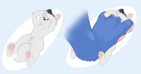 3_toes ambiguous_gender animal_genitalia anthro balls blue_body blue_fur duo extreme_size_difference feet foot_fetish foot_focus fur genitals hair hindpaw male nude pawpads paws sheath size_difference smile toes underfoot white_body white_fur backsash sash_(backsash) canid canine canis mammal wolf 2018 digital_drawing_(artwork) digital_media_(artwork) hi_res
