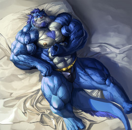 abs anthro barazoku barbel_(anatomy) beard bed bed_covers bedding biceps big_muscles black_clothing black_thong black_underwear blue_body blue_fur blue_hair bulge calf_muscles chest_tuft clothed clothing deltoids facial_hair flesh_whiskers flexing flexing_bicep forearm_muscles fur furniture hair high-angle_view huge_muscles male multicolored_body multicolored_fur muscular muscular_anthro muscular_male nipple_piercing nipple_ring nipples obliques on_bed on_pillow pecs piercing pillow quads ring_piercing solo tail_mane thong thong_only topless trapezius triceps tuft two_tone_body two_tone_fur underwear underwear_only vein veiny_muscles white_body white_fur echin mythology elseong dragon eastern_dragon felid hybrid mammal mythological_creature mythological_scalie pantherine scalie tiger 2018 hi_res