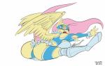 anthro anthrofied big_breasts boots breasts butt clothing cosplay costume feathered_wings feathers female flying_peach footwear fur hair hooves pink_hair shoes simple_background solo teal_eyes unguligrade white_background wings yellow_body yellow_feathers yellow_fur siberwar capcom friendship_is_magic hasbro my_little_pony mythology street_fighter fluttershy_(mlp) rainbow_mika equid equine mammal mythological_creature mythological_equine pegasus 2014 crossover hi_res