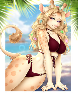 anthro arm_support beach bikini biped blonde_hair blue_sky blush breasts clothed clothing cloud day eyebrows eyelashes female fur hair horn leaf lights_in_hair long_hair looking_at_viewer ossicone outside pink_inner_ear purple_eyes red_bikini red_clothing red_swimwear sand sea sky solo summer swimwear tail tail_tuft tan_body tan_fur tuft two-piece_swimsuit water sugarrrpeach raffe_(alyxalyx) giraffe giraffid mammal 2025 absurd_res digital_media_(artwork) hi_res shaded