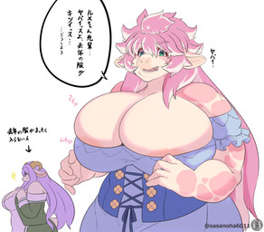 5_fingers anthro big_breasts blue_clothing blue_dress breasts bulging_breasts cleavage clothed clothing dress duo female female_anthro fingers fur green_eyes hair huge_breasts long_hair multicolored_hair open_mouth overweight overweight_anthro overweight_female pink_body pink_fur pink_hair purple_hair simple_background solo_focus standing text two_tone_hair white_background white_body white_fur white_hair sasanoha6011 lumeria_(sasanoha6011) yuzuriha_(sasanoha6011) bovid bovine caprine cattle goat holstein_friesian_cattle mammal hi_res japanese_text translation_request