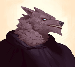 ambiguous_gender anthro black_clothing black_topwear blue_sclera brown_body brown_fur clothing front_view frown fur furrowed_eyebrows head_turned looking_aside monotone_body monotone_fur pupils scowl simple_background solo tan_background teeth_showing topwear white_eyes kingarthur_i canid mammal 2023 bust_portrait digital_drawing_(artwork) digital_media_(artwork) portrait