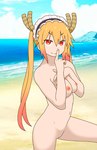 beach blonde_hair breasts female genitals hair horn looking_at_viewer maid_headdress mouth_closed navel nipples nude nude_beach outside pussy red_eyes sea seaside smile solo standing twintails_(hairstyle) water anaxus kobayashi-san_chi_no_maidragon miss_kobayashi's_dragon_maid mythology tohru_(dragon_maid) animal_humanoid dragon dragon_humanoid humanoid mythological_creature mythological_scalie scalie