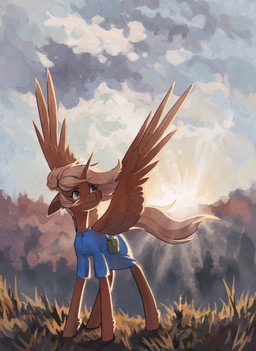 bag brown_body brown_eyes brown_feathers brown_hair brown_tail cheek_tuft clothing facial_tuft feathered_wings feathers female feral hair head_tuft horn solo spread_wings sun tail tuft wings koviry hasbro my_little_pony mythology fan_character equid equine mammal mythological_creature mythological_equine winged_unicorn absurd_res digital_media_(artwork) digital_painting_(artwork) hi_res painting_(artwork)