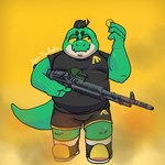 anthro aptertheraptor belly coin green_body green_skin gun hi_res hybrid jebthelizard lizard m60 machine_gun male mohawk overweight ranged_weapon reptile scalie solo sportswear the_finals weapon yellow_eyes