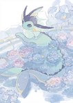 ambiguous_gender blue_body feral fin flower flower_on_head hydrangea leaf partially_submerged petals plant raining simple_background solo tail tail_fin water white_background yura_inaho nintendo pokemon eeveelution generation_1_pokemon pokemon_(species) vaporeon