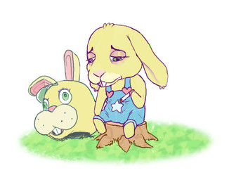 anthro cigarette clothing fur grass green_eyes looking_down male mascot mask overalls plant sad simple_background sitting sitting_on_stump smoking solo tree_stump white_background yellow_body yellow_fur sirartwork animal_crossing nintendo zipper_t._bunny lagomorph leporid mammal rabbit 2020 meme