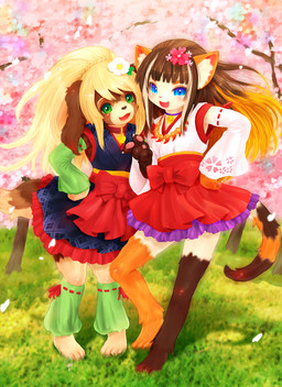alternative_fashion anthro asian_clothing barefoot bell bell_collar blue_eyes blush clothing collar dress duo east_asian_clothing feet female grass green_eyes j-fashion japanese_clothing lolita_(fashion) looking_at_viewer outside pawpads plant smile standing wa_lolita tetetor-oort canid canine canis domestic_dog felid mammal 2015 hi_res