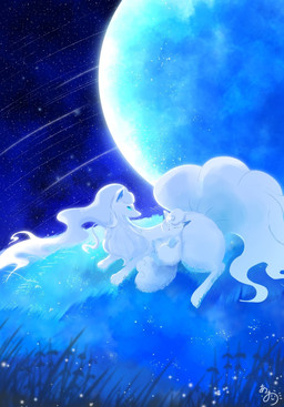 ambiguous_gender blue_eyes duo eyes_closed feral fur grass hair moon multi_tail night open_mouth paws plant size_difference sky sleeping star tail white_body white_fur white_hair natu_a0z0ra nintendo pokemon alolan_form alolan_ninetales alolan_vulpix canid canine generation_7_pokemon mammal pokemon_(species) regional_form_(pokemon) 2026 hi_res signature