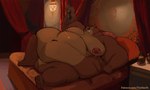 2023 anthro bear bed belly belly_overhang big_belly big_moobs brown_bear brown_body brown_fur curtains double_chin fat_rolls full-length_portrait fupa fur furniture grin huge_belly inside looking_at_viewer love_handles lying male mammal moobs morbidly_obese morbidly_obese_anthro morbidly_obese_male narrowed_eyes navel nipple_chain nipple_piercing nipples nude obese obese_anthro obese_male on_back on_bed overweight overweight_anthro overweight_male piercing portrait rope smile solo tcw text thick_arms thick_thighs url ursine