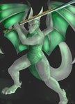 2_horns 3_toes 5_fingers anthro bent_arm black_background black_eyebrows claws eyebrows feet fingers furrowed_brow green_body green_scales green_tail green_wings grey_tail holding_melee_weapon holding_object holding_weapon horn katana long_tail male male_anthro melee_weapon mouth_closed nude nude_anthro nude_male scales simple_background solo standing sword tail toe_claws toes two_tone_tail weapon white_claws white_horn wings rakkyoarts european_mythology mythology stygon dragon mythological_creature mythological_scalie scalie western_dragon winged_dragon 2018 artist_name colored digital_drawing_(artwork) digital_media_(artwork) hi_res