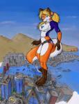 anthro bridge building car city clothing cloud destruction female golden_gate_bridge hair happy jewelry landmark landscape_dwarfing macro mountain panties piercing ponytail pose sea solo stomping tail underwear vehicle water scream_(artist) alessandra_(scream) canid canine fox mammal 2008 hi_res