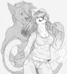 alternate_species anthro anthrofied duo female fire flaming_tail furrification male male/female romantic romantic_couple simple_background smile tail white_background fareme goldenfox final_fantasy final_fantasy_vii square_enix aru marupa canid canine felid mammal 2008 greyscale monochrome signature sketch