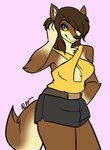 anthro blue_eyes breasts brown_body brown_fur clothed clothing female fur hair looking_at_viewer pose simple_background smile solo thick_thighs yellow_sclera lucy_lupa canid canine canis mammal wolf 2016 digital_media_(artwork) hi_res