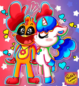anthro blue_hair duo female hair happy heart_symbol horn kissing kissing_cheek love male orange_body smile tail unicorn_horn white_body rocketlennon mob_entertainment mythology poppy_playtime smiling_critters craftycorn dogday_(poppy_playtime) canid canine canis domestic_dog equid equine mammal mythological_creature mythological_equine unicorn hi_res