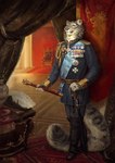 5_fingers ancient_rome anthro baroque_architecture black_nose black_spots blue_eyes boots chair clothing detailed_background epaulet fingers footwear fur furniture grey_body grey_fur holding_melee_weapon holding_object holding_sword holding_weapon inside jewelry looking_at_viewer male markings medal melee_weapon military_uniform parquet ring royalty scepter shoes smile solo spots spotted_body spotted_fur standing sword tail throne uniform weapon alsares felid mammal pantherine snow_leopard 2021 digital_media_(artwork) digital_painting_(artwork) hi_res painting_(artwork)