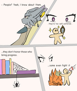 ambiguous_gender anthro book clothing dialogue duo female feral fire fur grey_body grey_fur male mirror plumtific purple_eyes simple_background sparkles text isi_avalibot human mammal absurd_res comic english_text hi_res