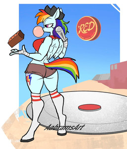 abstract_background anthro anthrofied baseball_bat baseball_cap bat_(object) big_breasts blue_body blue_fur bottomwear breasts brick brown_bottomwear brown_clothing brown_hotpants brown_shorts bubble_gum butt clothing cosplay crop_top crossover_cosplay curvy_figure cutie_mark eyelashes feathered_wings feathers female fluffy fluffy_tail fur hand_wraps hat headgear headwear hooves hotpants long_socks long_tail mane multicolored_mane multicolored_tail pink_eyes rainbow_mane rainbow_tail red_clothing red_crop_top red_shirt red_topwear shirt shorts solo tail text thick_thighs topwear voluptuous voluptuous_anthro voluptuous_female wide_hipped_anthro wide_hipped_female wide_hips wings wraps aabramsart friendship_is_magic hasbro my_little_pony mythology team_fortress_2 valve rainbow_dash_(mlp) scout_(team_fortress_2) equid equine mammal mythological_creature mythological_equine pegasus 2026 artist_name crossover digital_drawing_(artwork) digital_media_(artwork) hi_res watermark