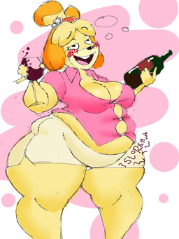 abstract_background alcohol anthro belly beverage blush bottomwear breasts buckteeth clothed clothing collared_shirt container cup dress_shirt drinking_glass drunk female glass glass_container glass_cup open_mouth overweight overweight_anthro overweight_female rumbling_stomach shirt skirt substance_intoxication teeth text thick_thighs topwear wide_hips wine wine_bottle wine_glass metropep animal_crossing nintendo isabelle_(animal_crossing) canid canine canis domestic_dog mammal shih_tzu toy_dog 2022 3:4 digital_drawing_(artwork) digital_media_(artwork) english_text hi_res sketch