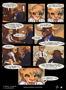 anthro blackmail bottomwear clothing duo female footwear male school school_uniform shoes skirt text uniform jace_apollo buffalo felid lion mammal pantherine comic english_text hi_res