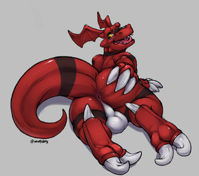 anthro anus balls black_body butt genitals grey_background head_wings looking_back lying male male_anthro nude nude_anthro nude_male on_front open_mouth presenting presenting_anus presenting_hindquarters rear_view red_body simple_background solo spread_butt spreading tail teeth tongue unusual_wing_placement white_body wings yellow_eyes mintyderg bandai_namco digimon digimon_(species) guilmon 2020 absurd_res hi_res