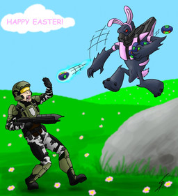 armor assault_rifle bunny_costume clothing costume duo easter_egg explosives fake_ears fake_rabbit_ears fake_rabbit_tail fake_tail gas_mask grenade grey_body gun holidays male marines mask plasma_grenade ranged_weapon red_eyes rifle unsc weapon dragunalb easter halo_(series) microsoft xbox_game_studios alien human mammal unggoy colored hi_res