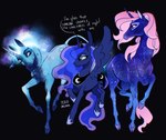 black_background cosmic_hair ethereal_hair feral group horn simple_background text wings peachmichea friendship_is_magic hasbro mia_and_me my_little_pony mythology moon_unicorn_(mia_and_me) princess_luna_(mlp) star_unicorn_(mia_and_me) equid equine mammal mythological_creature mythological_equine unicorn winged_unicorn crossover english_text hi_res