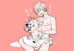 anthro antlers bathing blush chibi duo hand_on_butt horn male male/male pecs pink_background simple_background text tongue towel young young_anthro young_male a1 one_piece sanji_(one_piece) tony_tony_chopper deer human mammal new_world_deer reindeer japanese_text