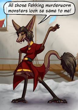 anthro brown_body brown_fur brown_hair clothed clothing dialogue eyelashes eyes_closed female fur hair smug solo tail tail_tuft text tuft badday_(artist) out-of-placers kassen_akoll mammal yinglet english_text hi_res