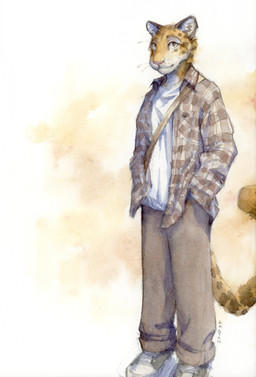 abstract_background anthro bottomwear brown_eyes clothed clothing facial_spots fur grey_bottomwear grey_clothing grey_pants grey_topwear hand_in_pocket male mouth_closed open_clothing open_topwear pants pink_nose pockets solo spotted_face standing topwear white_body white_clothing white_fur white_topwear yellow_body yellow_fur akatan_art felid leopard mammal pantherine hi_res signature traditional_media_(artwork)