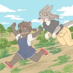 anthro clothed clothing duo female footwear hopping kemono running shoes ekaki510 grey_kangaroo kangaroo macropod mammal marsupial vombatiform wombat 1:1